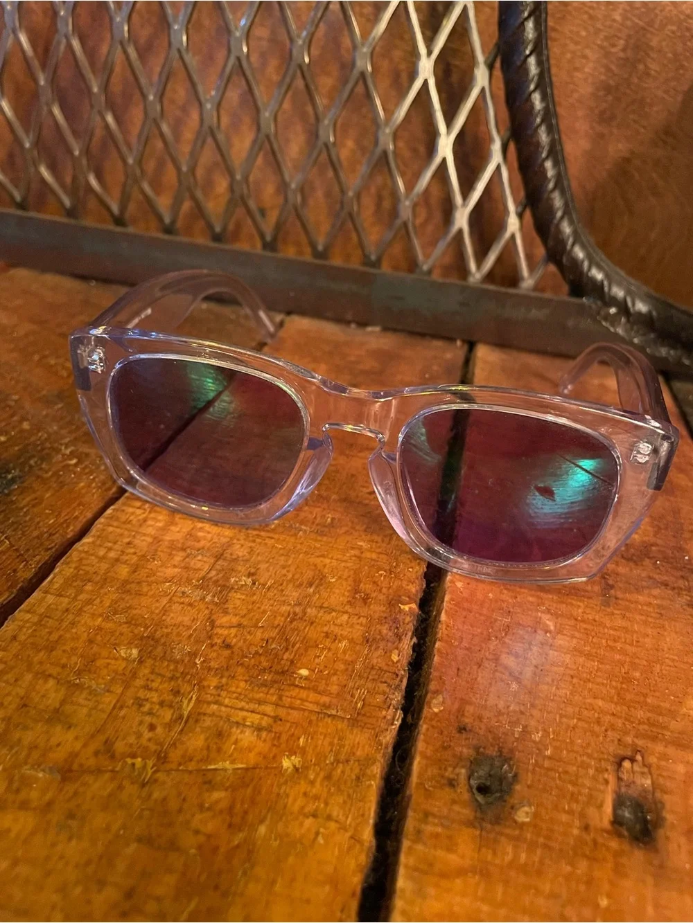House of Holland “Librarian” Clear Frame Sunglasses with Green Reflective Lenses